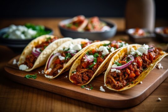 Detailed close-up photography of a tempting tacos on a wooden board against a painted gypsum board background. With generative AI technology