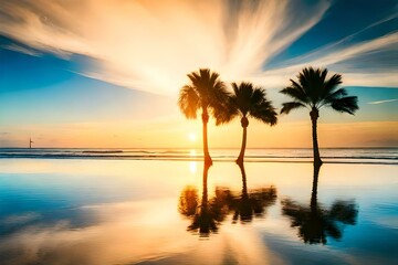 three palm trees with sunrise  on sea AI Generated 