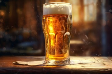 Pouring beer with bubble froth in glass for International Beer Day. Generative Ai