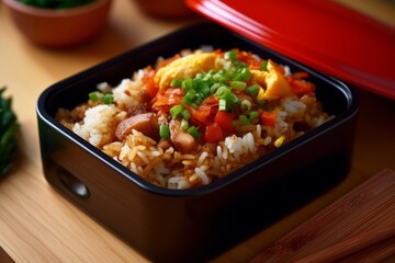 Natural light close-up photography of a refined  fried rice in a bento box against a ceramic mosaic background. With generative AI technology