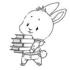 Cute little fluffy bunny with stack of textbooks in paws line art on a white background