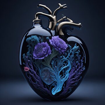 beautiful glass anatomical heart, technology, flowers, generative AI