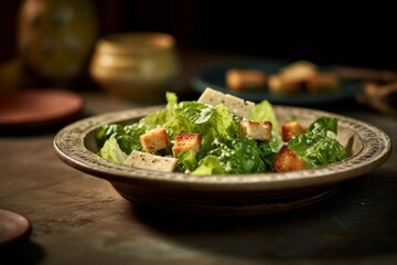 Conceptual close-up photography of a refined  caesar salad on a rustic plate against a ceramic mosaic background. With generative AI technology