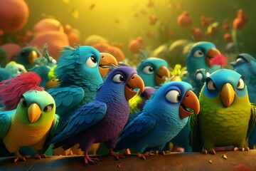 Fototapeta premium A detailed illustration of a group of birds, such as owls or parrots, in a colorful and vibrant natural environment, Generative AI