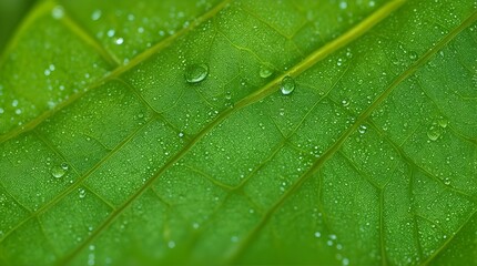 Close-up illustration of a fresh green leaf with dew drops on the leaf. Background. Generative AI