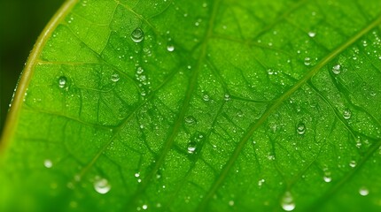 Close-up illustration of a fresh green leaf with dew drops on the leaf. Background. Generative AI