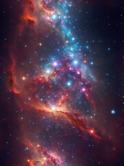 An awe-inspiring celestial spectacle of a nebula with vibrant colors and swirling patterns, dotted with sparkling stars, a distant galaxy visible in the background. Generative AI
