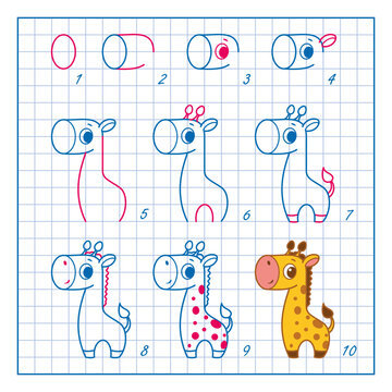 How to Draw Giraffe, Step by Step Lesson for Kids cartoon vector illustration