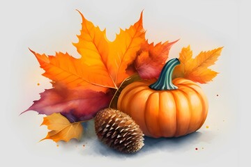 Naklejka na ściany i meble Pumpkin with colorful autumn leaves and pinecone wall art print. Thanksgiving, fall banner graphic element. Digital watercolor art by Generative AI.