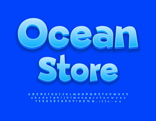 Vector advertising banner Ocean Store. Creative Blue 3D Blue Font. Modern Alphabet Letters and Numbers