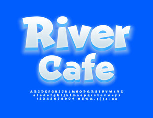 Vector creative emblem River Cafe. White glowing Font. Sunny style illuminated Alphabet Letters, Numbers and Symbols set