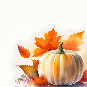 White pumpkin with colorful autumn leaves frame template. Thanksgiving, fall card border with copy space. Square image for social media posts. Digital watercolor, Generative AI.