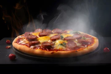 Foto op Plexiglas a pizza with smoke and sausages on top of it. Generative AI © Baharudin