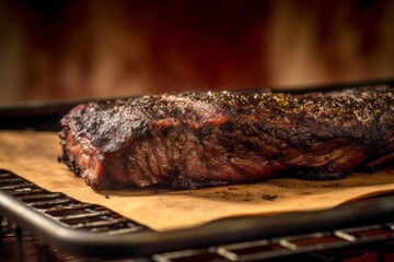 Highly detailed close-up photography of a tempting argentine asado on a metal tray against a chenille fabric background. With generative AI technology