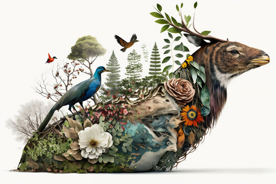 creative collage of biodiversity in the form of an animal, ecosystem and nature protection. Generated AI