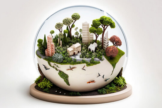 Small green eco city in the sphere, ecological concept of saving the planet. Generated AI