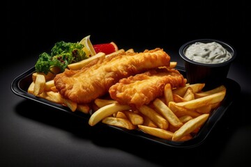 Close-up view photography of an hearty fish and chips on a plastic tray against a dark background. With generative AI technology