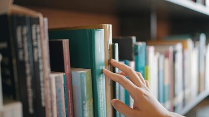 Close up hand search for book on bookshelves in the library. Select a book on shelf. Studying...