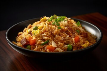 Macro view photography of a delicious fried rice on a plastic tray against a dark background. With generative AI technology