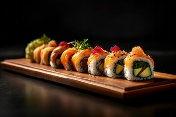Close-up view photography of a tempting sushi on a wooden board against a dark background. With generative AI technology