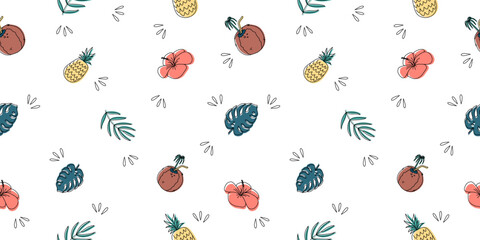 Tropical holiday vector seamless pattern with summer elements. Can be used for decoration of albums, blog, web sites, postcard, poster. Elements - leaves, tropical, hibiscus, coconut, ananas © taniKoArt