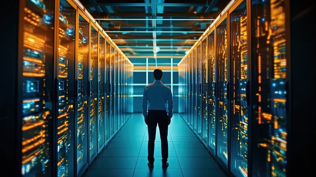 Engineer manager connecting data center on global networking in server room of storage systems and connect of data on internet network business.