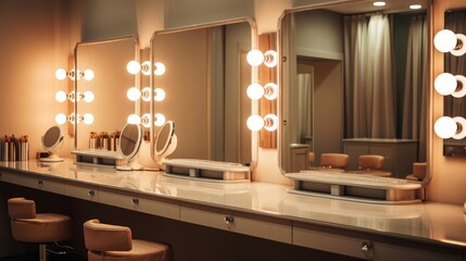 Vanity mirrors with lighting, where clients can style their hair and apply makeup. AI generated