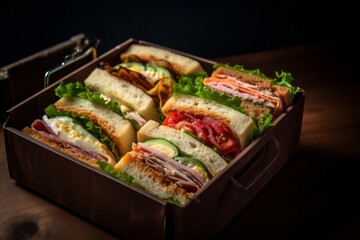 Rustic ambiance close-up photography of a tasty sandwiches in a bento box against a dark background. With generative AI technology
