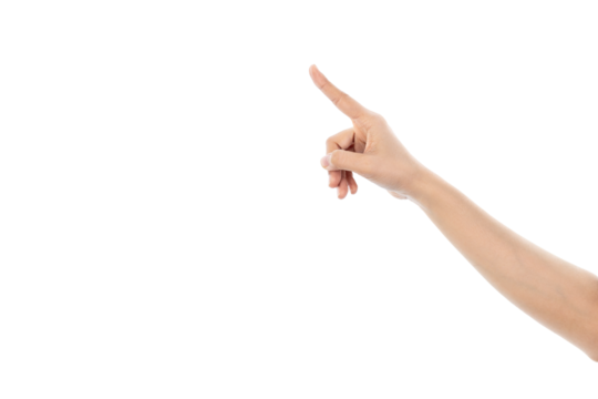 Female Woman hand pointing or touching to something isolated on white background with clipping path.