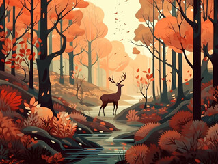 Woodland illustration with forest and reindeer, Generative AI