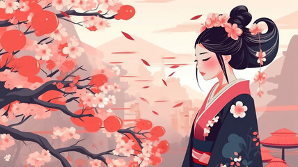 Fototapeta premium Japanese woman cherry blossom landscape background illustration, Generative AI