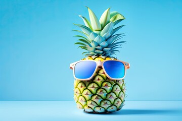Pineapple with Sunglasses on Blue Background Generative AI