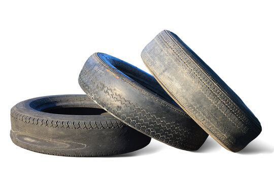old worn damaged tires isolated on white background as pattern of damaged tires for advertising tire shop or car tire shop