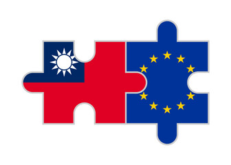 puzzle pieces of taiwan and european union flags. vector illustration isolated on white background