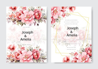 Wedding invitation card template set with soft pink floral and watercolor background