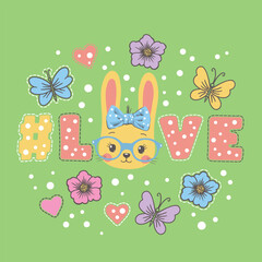 Love hashtag. Cute bunny girl. Summer illustration for print on t-shirt, mug, bag and other uses