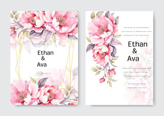 Wedding invitation card with cherry blossom floral design. Vector illustration.