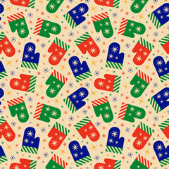 Seamless pattern with mittens and Christmas decorations