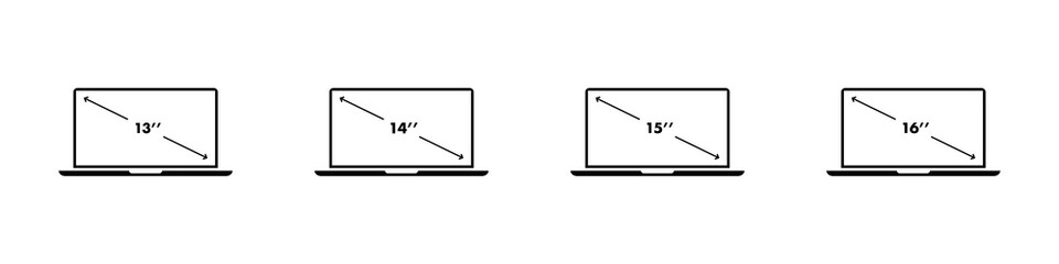 Laptop diagonal screen size icon set. 13, 14, 15, 16 inch display size. Vector illustration.