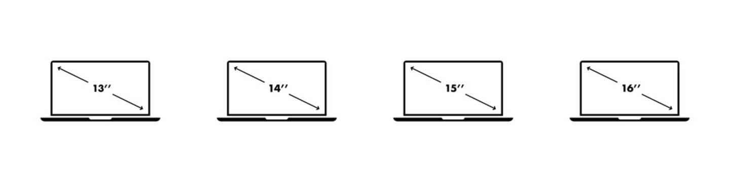 Laptop diagonal screen size icon set. 13, 14, 15, 16 inch display size. Vector illustration.