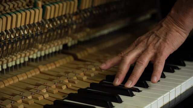 The fingers of the master beat the keys of the old piano in order to tune it.
