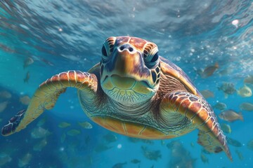 Obraz premium Animals. Sea turtle swimming underwater. Sea creatures. Generative AI.