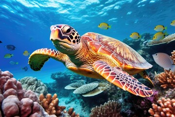 Obraz na płótnie Canvas Animals. Sea turtle swimming underwater. Sea creatures. Generative AI.