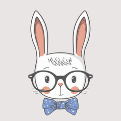 Cute rabbit, portrait with glasses. For t-shirt, mug, bag and other uses