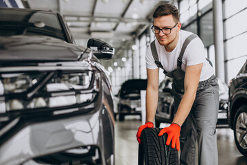 Fototapeta na wymiar Mechanic changing tires in a car service