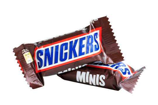 Close-up of two Snickers Minis chocolate bars on transparent PNG background