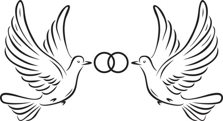 Vector monochrome loving flying doves with rings in their beak. Bird of love and hope.