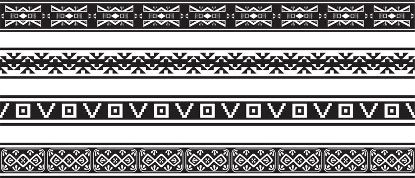 Vector set of seamless monochrome national native american ornaments. Endless ethnic black borders, frames of the peoples of America, Aztec, Maya, Incas. For sandblasting, plotter and laser cutting..