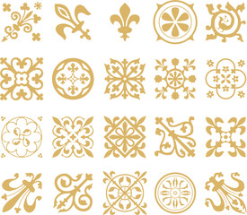 Vector golden set of ancient Roman ornament elements. Classic European parts of patterns. Lilies and crowns..