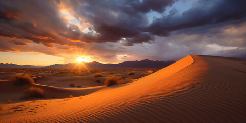 Fototapeta na wymiar sunset in the desert, fictional landscape made with generative ai